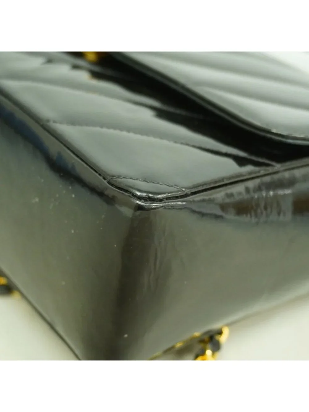 Chanel Handbag Stitch Patent Leather Black Gold 2-Way
